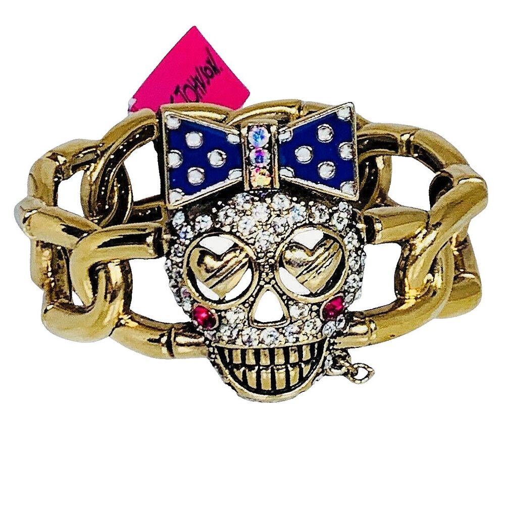 Betsey Johnson Crystal Sugar Skull Bracelet 7" Ivy League Polka Dot Gold Tone